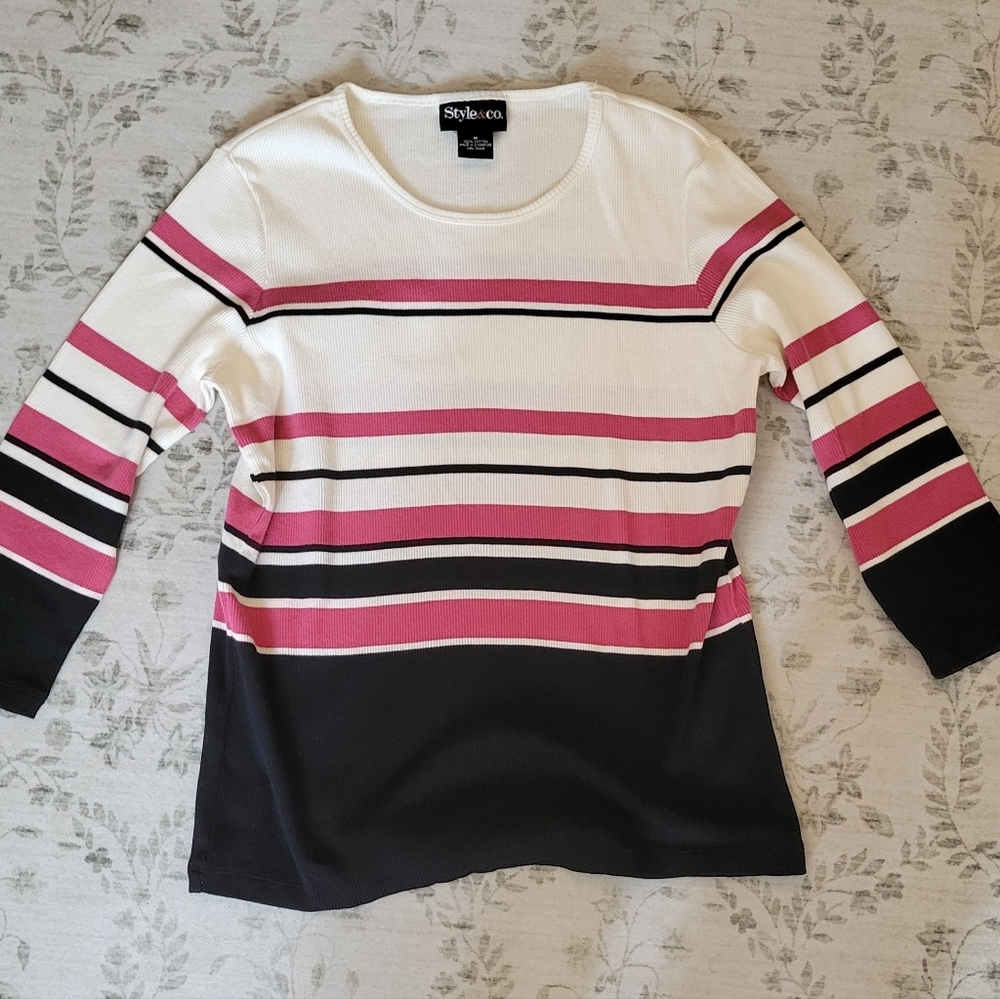 Style & Co Black, Pink, White Striped Pullover Ribbed Cotton Sweater Women's Med